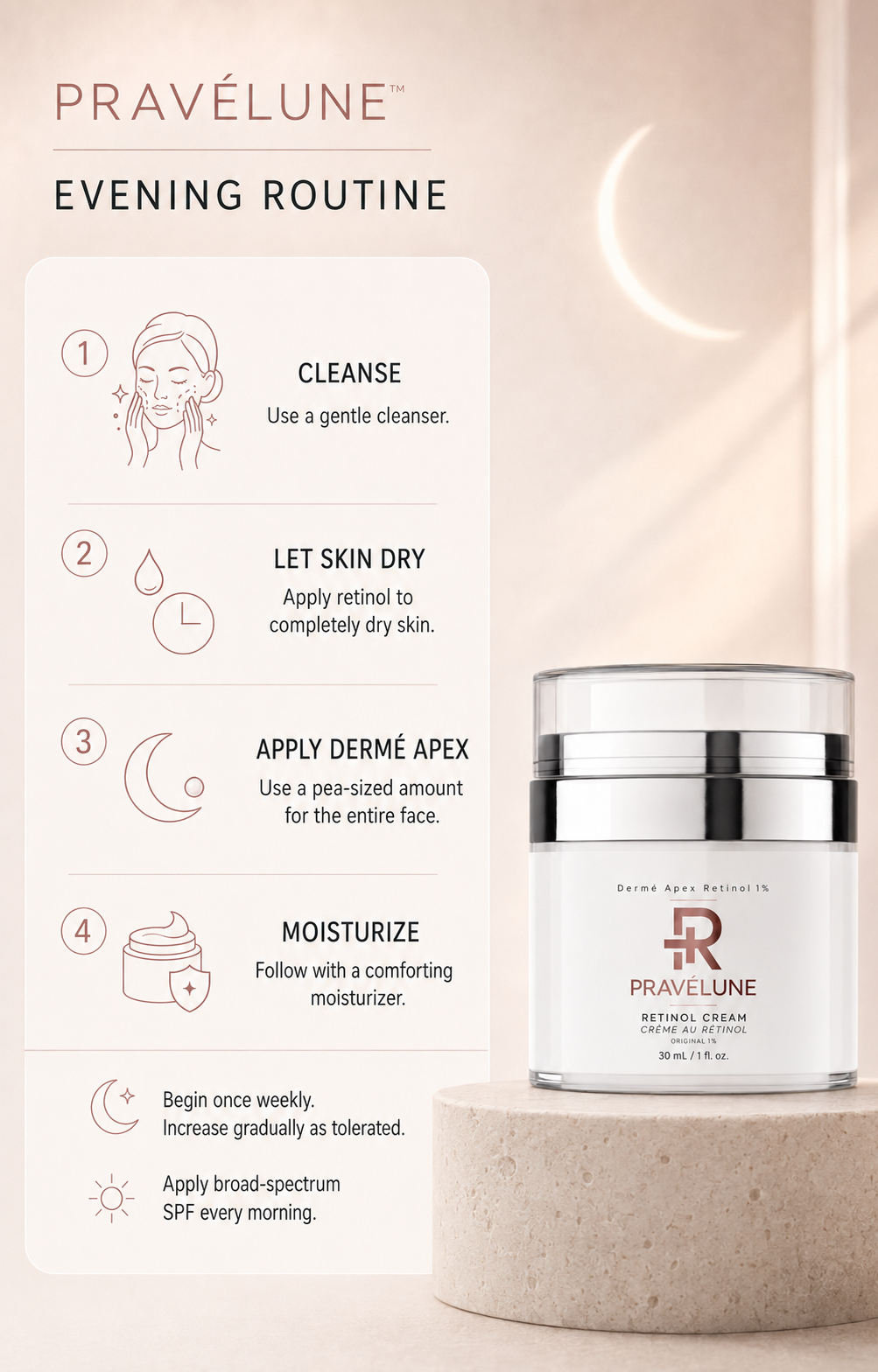 Dermé Apex Retinol 1% evening routine showing cleanse, let skin dry, apply a pea-sized amount and follow with moisturizer.