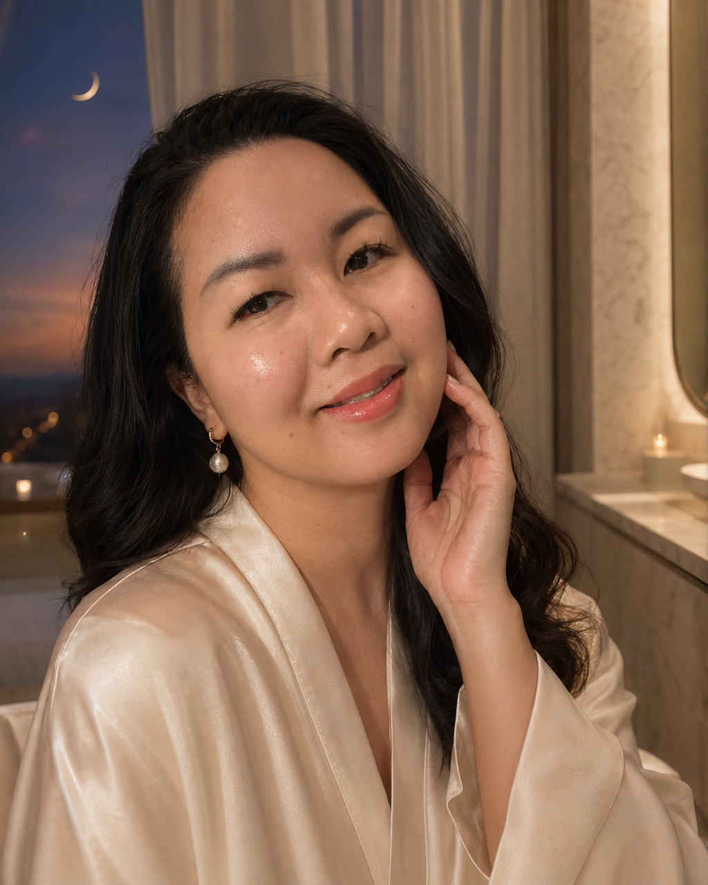 Pravélune™ evening lifestyle model with smooth, luminous and refined-looking skin representing Dermé Apex Retinol 1% renewal care.