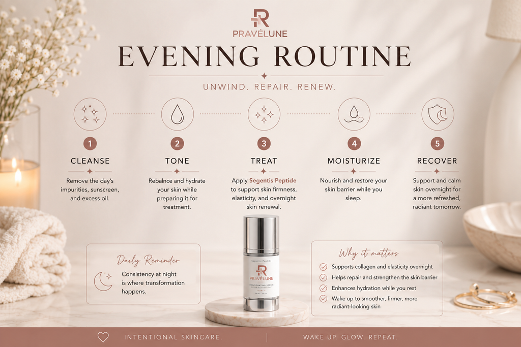 Evening skincare routine infographic featuring Pravélune Segentis Peptide as the nighttime treatment step, illustrating cleanse, tone, treat, moisturize, and overnight recovery for smoother, firmer-looking skin.