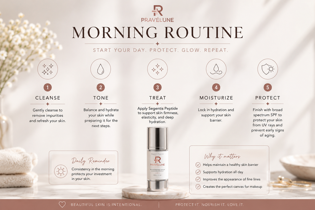 Morning skincare routine infographic featuring Pravélune Segentis Peptide as the treatment step, illustrating cleanse, tone, treat, moisturize, and protect for radiant, healthy-looking skin.