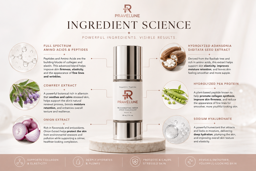 Ingredient science graphic explaining the benefits of hydrolyzed baobab seed extract, hydrolyzed pea protein, sodium hyaluronate, comfrey extract, and onion extract in Pravélune Segentis Peptide.