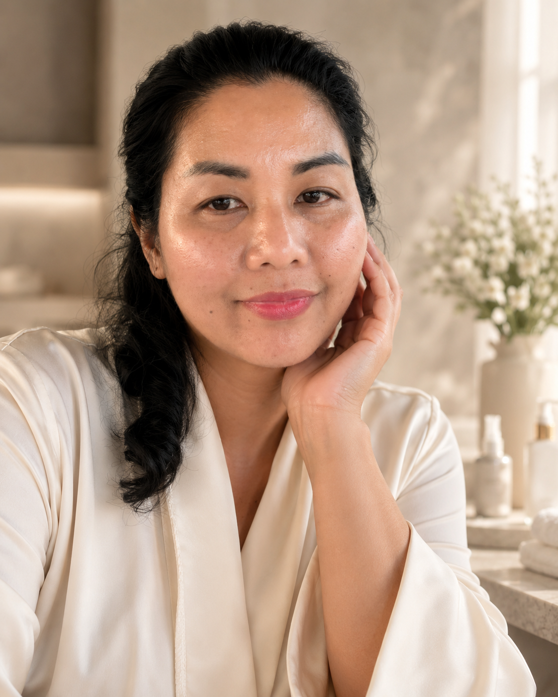 Lifestyle portrait featuring a woman with naturally radiant, healthy-looking skin in a luxury spa-inspired setting, representing the youthful glow supported by Pravélune Segentis Peptide.