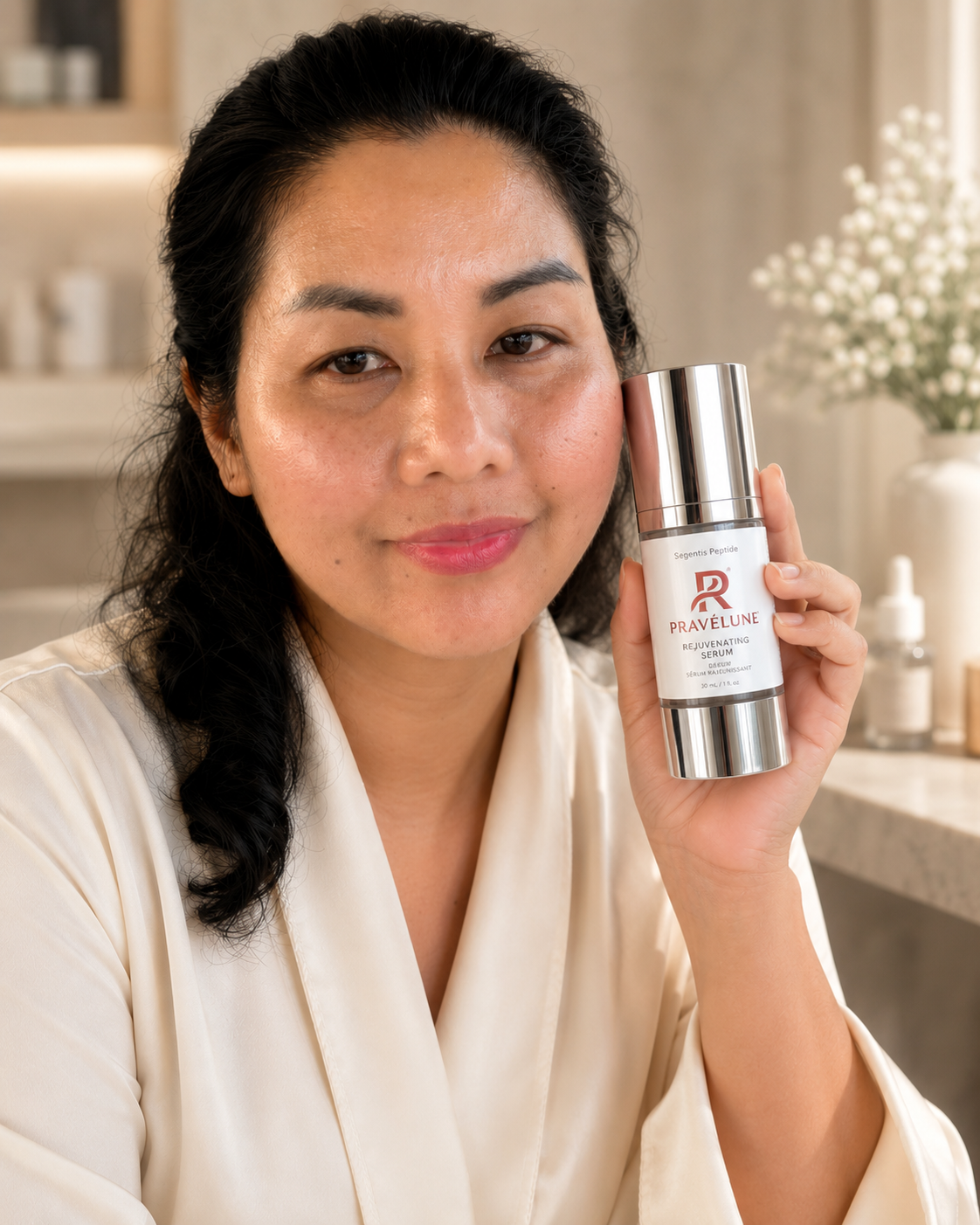 Lifestyle image of a woman holding the Pravélune Segentis Peptide rejuvenating serum in an elegant skincare setting, highlighting firm, hydrated, youthful-looking skin.
