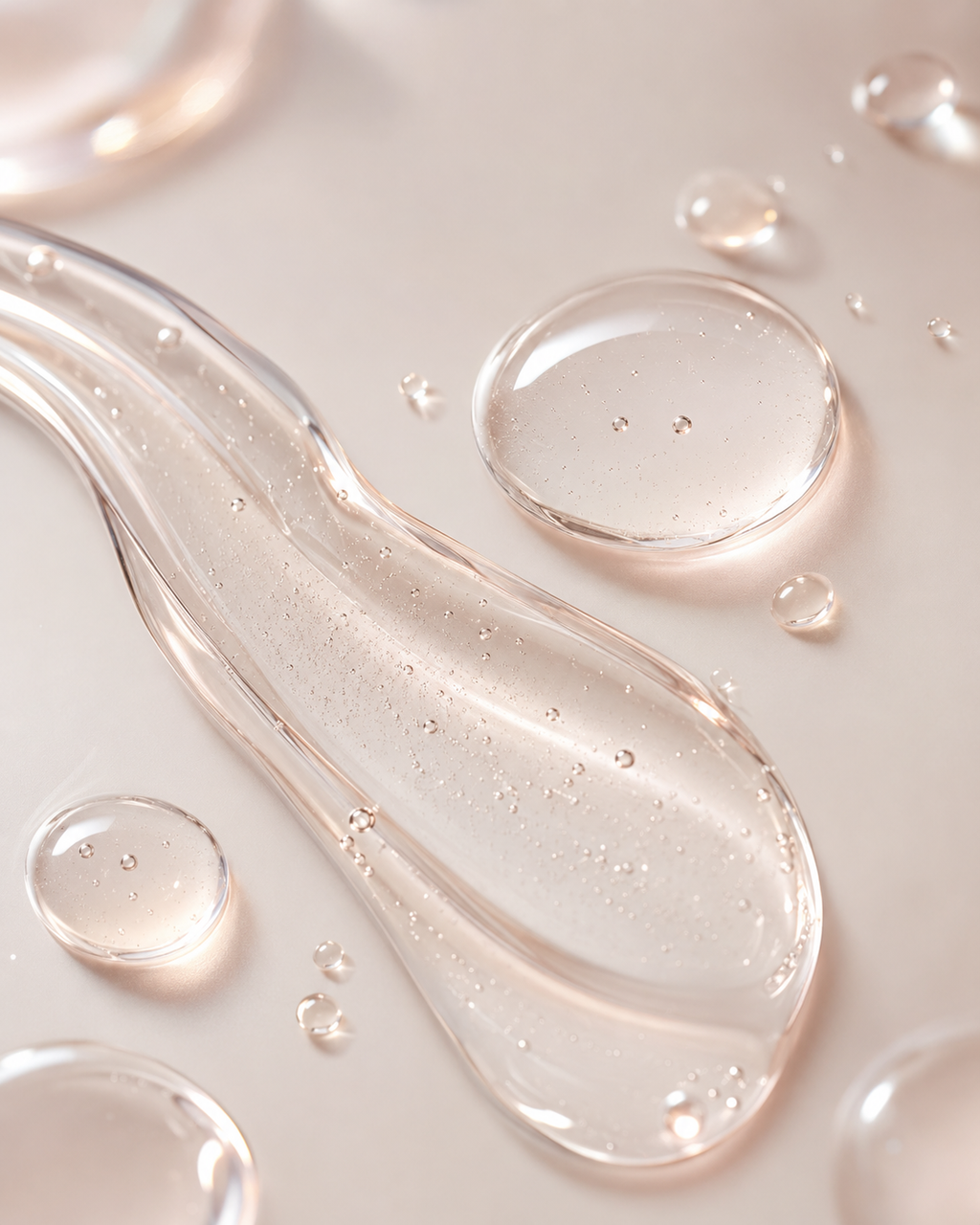 Macro photograph of the clear, lightweight SynapCalm AG+ hydrating serum texture with translucent gel droplets.