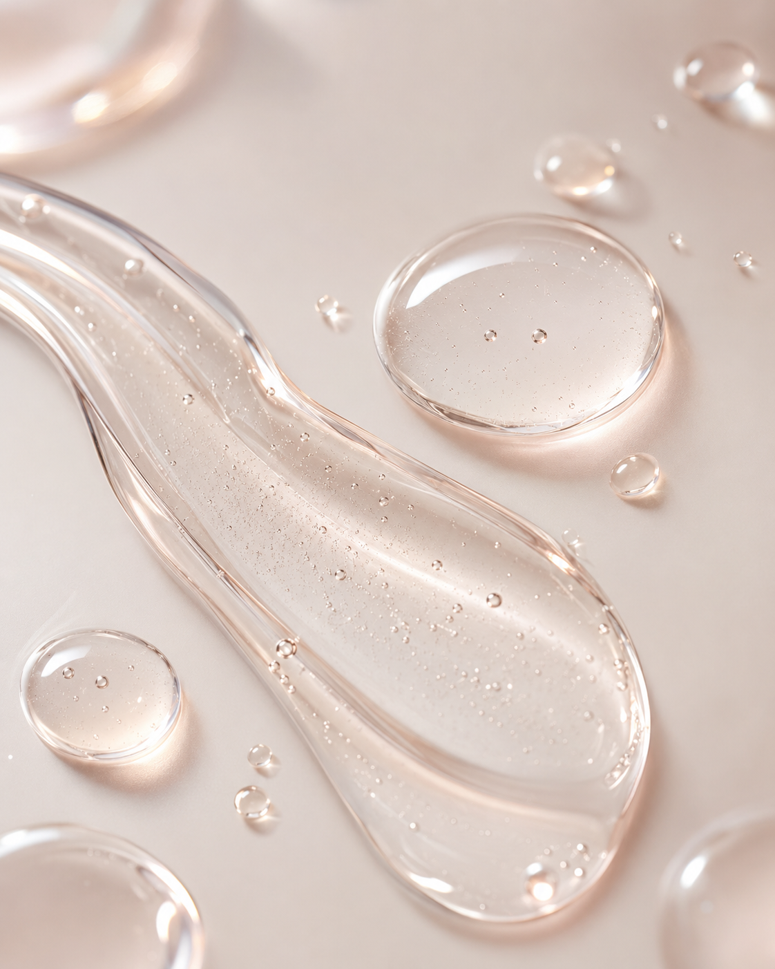Macro photograph of the clear, lightweight SynapCalm AG+ hydrating serum texture with translucent gel droplets.