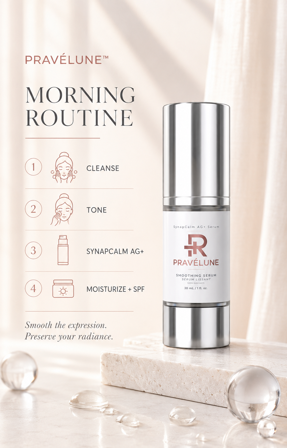 Pravélune™ SynapCalm AG+ morning skincare routine showing cleanse, tone, apply expression-line serum, moisturize and SPF.