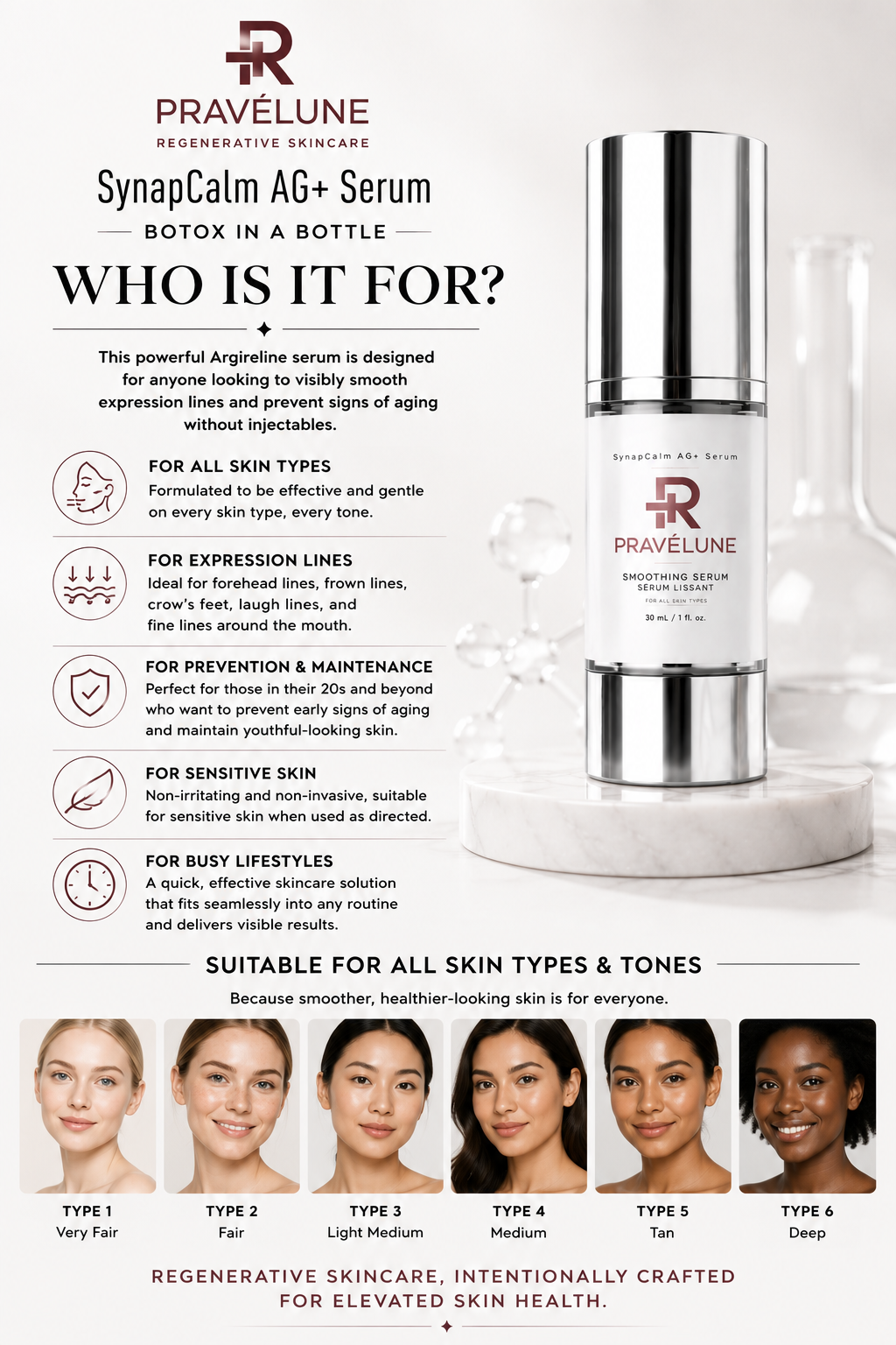 Woman with mature-looking skin representing SynapCalm AG+ for forehead lines, crow’s feet and visible expression lines.