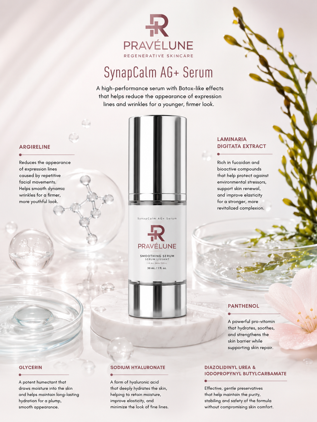 Acetyl Hexapeptide-8 highlighted as the star peptide ingredient in Pravélune™ SynapCalm AG+ expression-line smoothing serum.