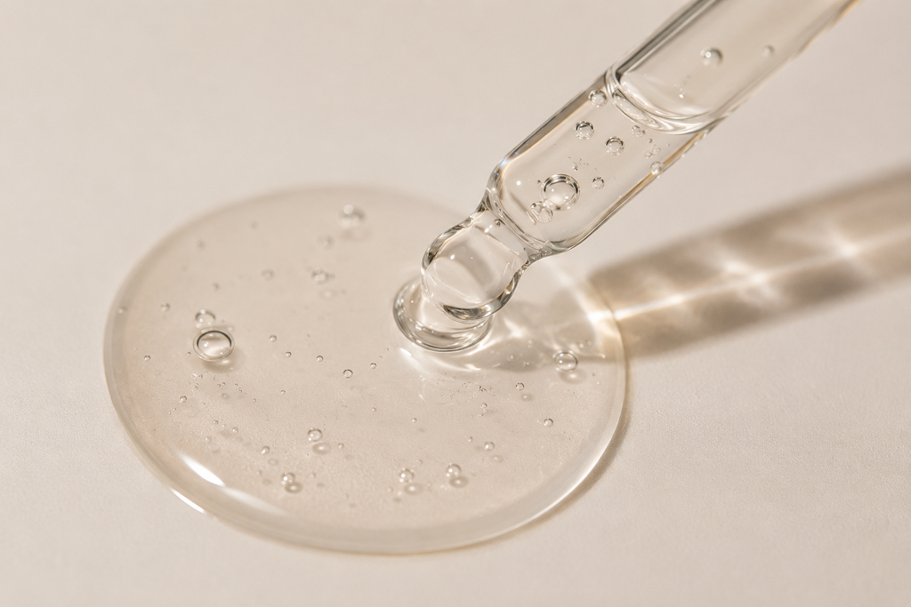 Macro photograph of the lightweight, luminous texture of Timotea Luminé vitamin C brightening serum.