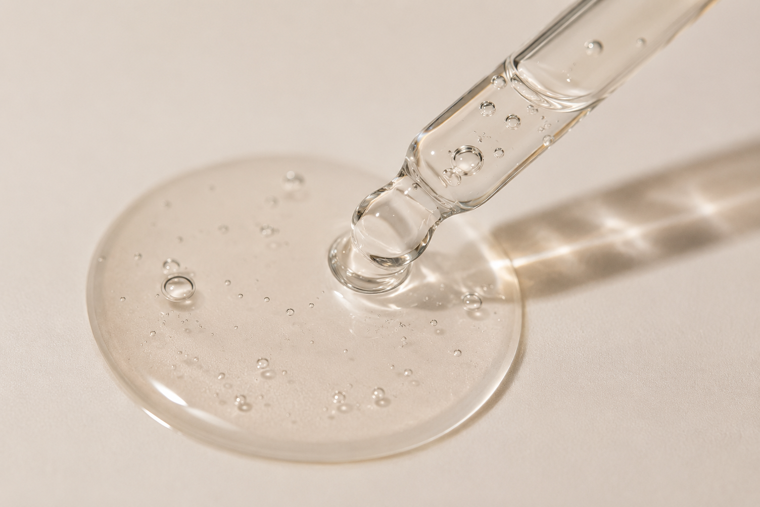 Macro photograph of the lightweight, luminous texture of Timotea Luminé vitamin C brightening serum.