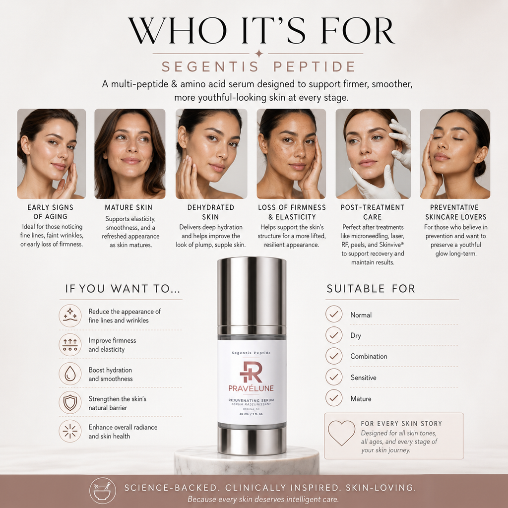 
Educational skincare infographic showing the ideal users for Pravélune Segentis Peptide, including mature skin, dehydrated skin, early signs of aging, post-treatment care, and preventative skincare.