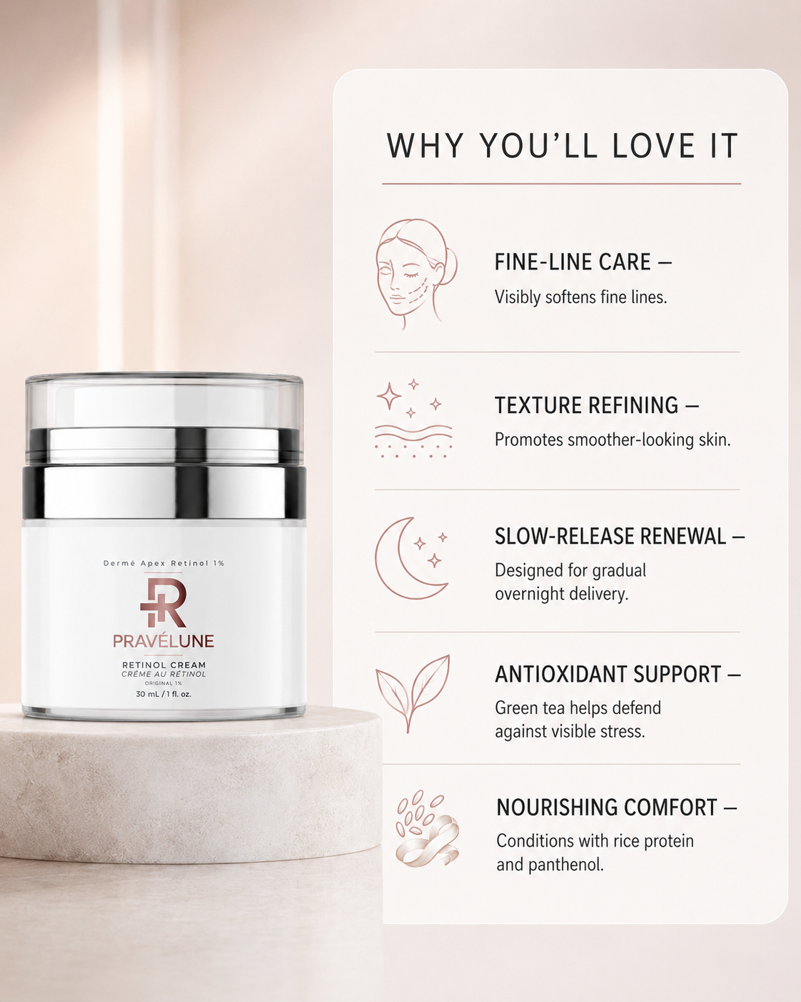 Dermé Apex Retinol 1% benefits for visibly softer fine lines, smoother texture, antioxidant support and nourishing overnight renewal.