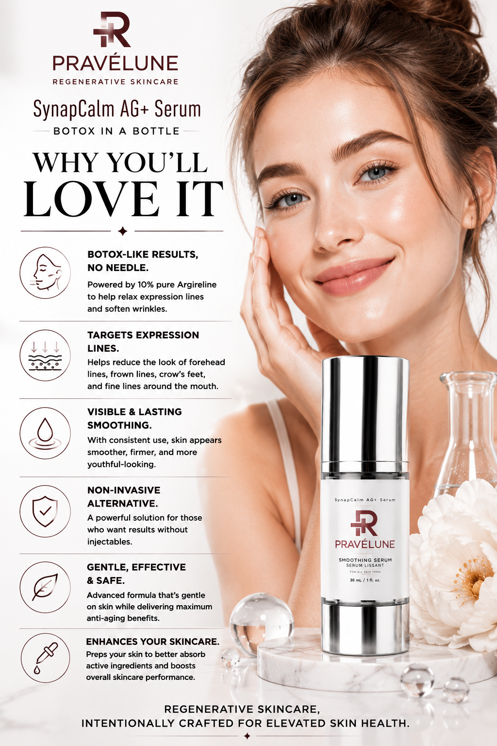 SynapCalm AG+ peptide serum benefits for visibly smoother, firmer, hydrated and refreshed-looking skin.