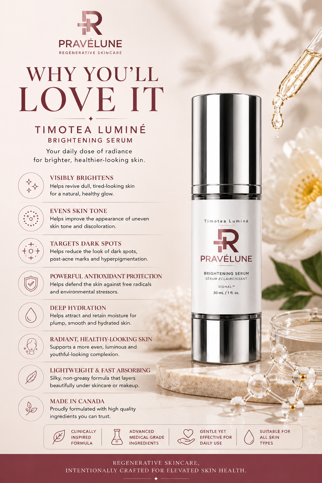 Timotea Luminé benefits for visibly brighter, smoother, hydrated and more even-looking skin.