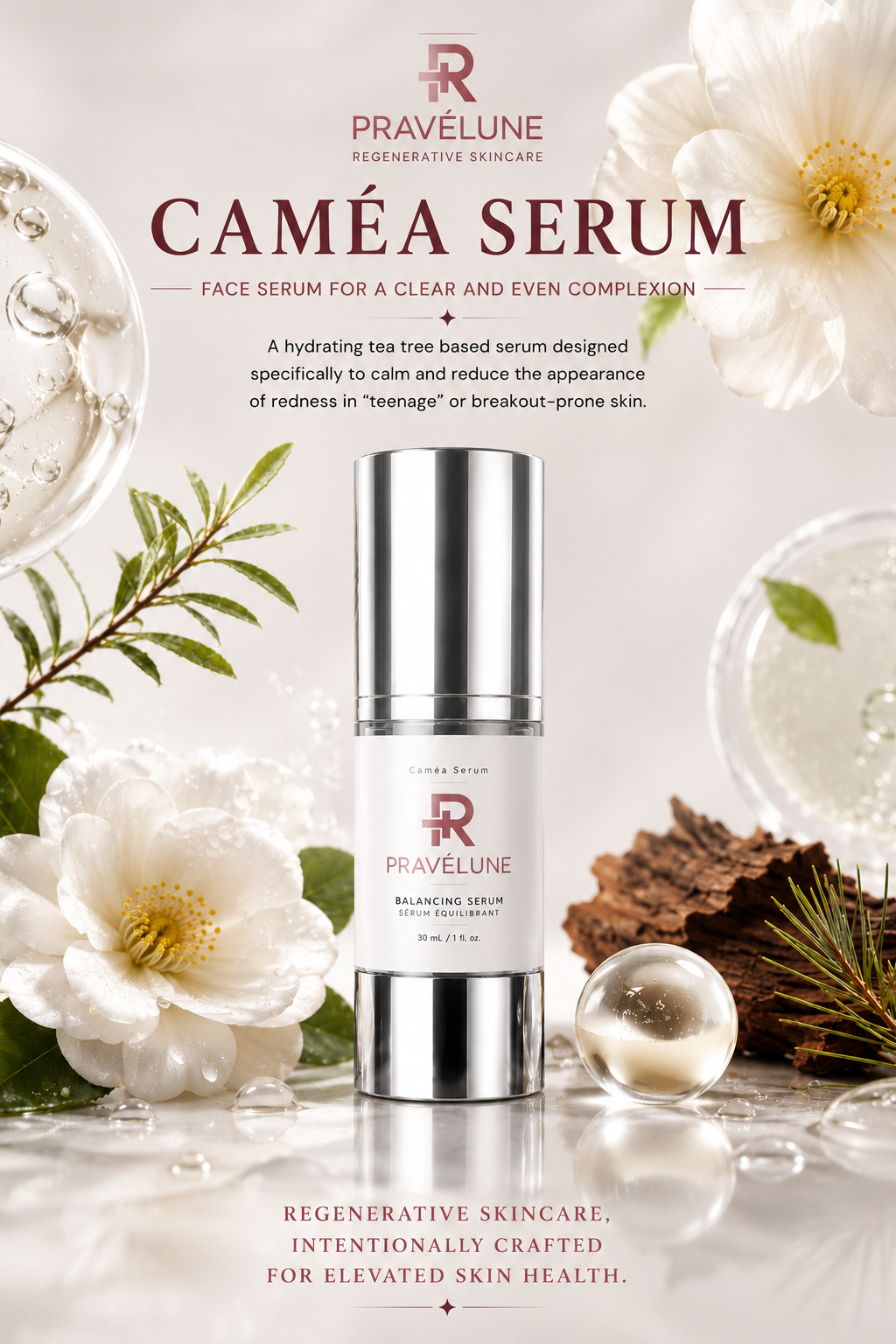 Pravélune™ Caméa Serum balancing facial serum with tea tree and botanical extracts for blemish-prone and oily skin.