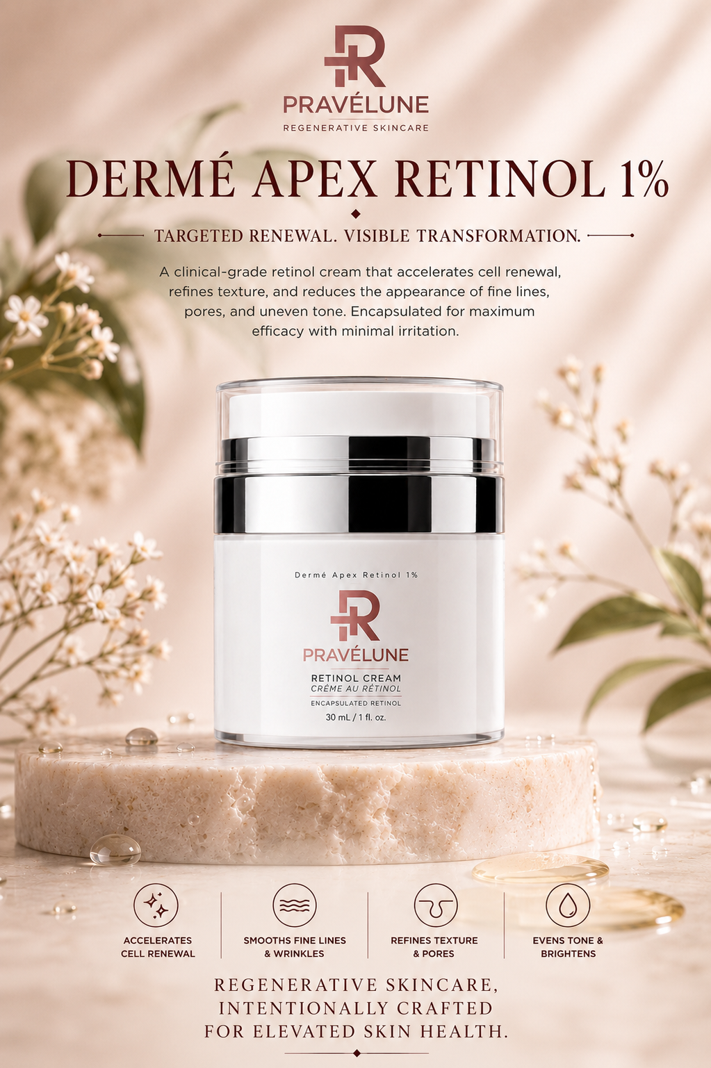 Pravélune™ Dermé Apex Retinol 1% encapsulated retinol cream formulated to visibly improve skin texture and reduce the appearance of fine lines.