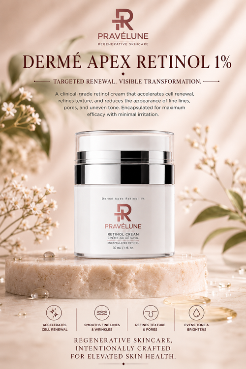 Pravélune™ Dermé Apex Retinol 1% encapsulated retinol cream formulated to visibly improve skin texture and reduce the appearance of fine lines.