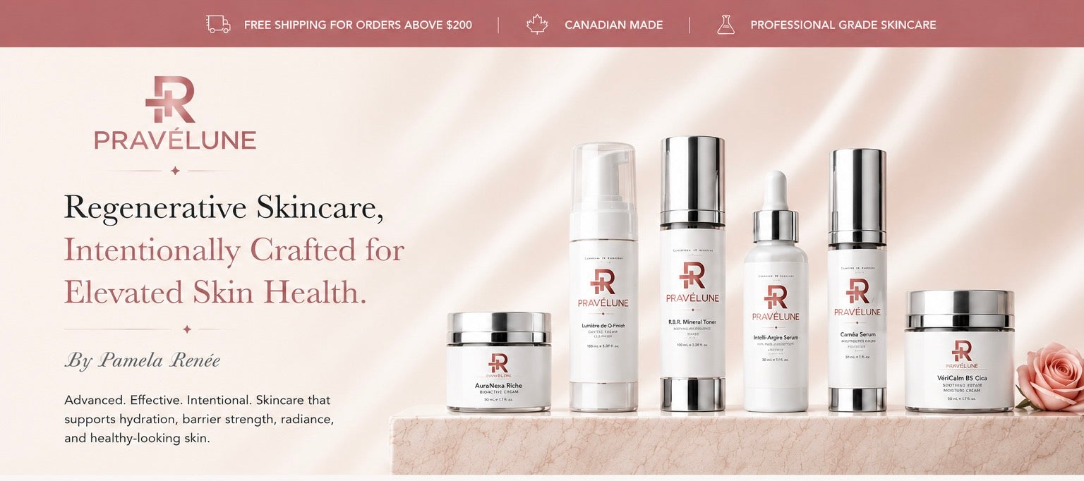 Pravélune™ homepage hero banner featuring a luxury regenerative skincare collection, including cleanser, mineral toner, brightening serum, balancing serum, moisturizer, and soothing cream, intentionally crafted for elevated skin health.