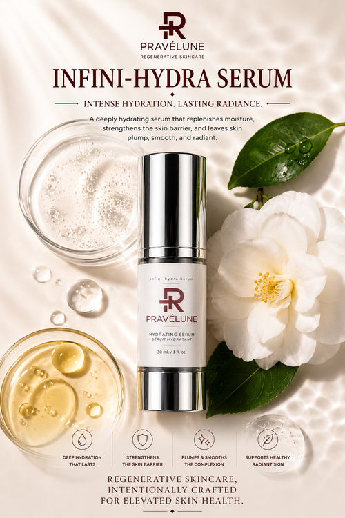 Pravélune™ Infini-Hydra Serum deeply hydrating facial serum with hyaluronic acid and squalane for soft, plump, healthier-looking skin.