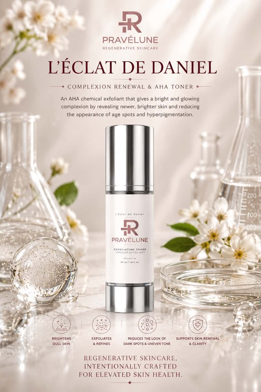Pravélune™ L'Éclat de Daniel exfoliating toner formulated to visibly brighten skin and improve the appearance of uneven skin tone.