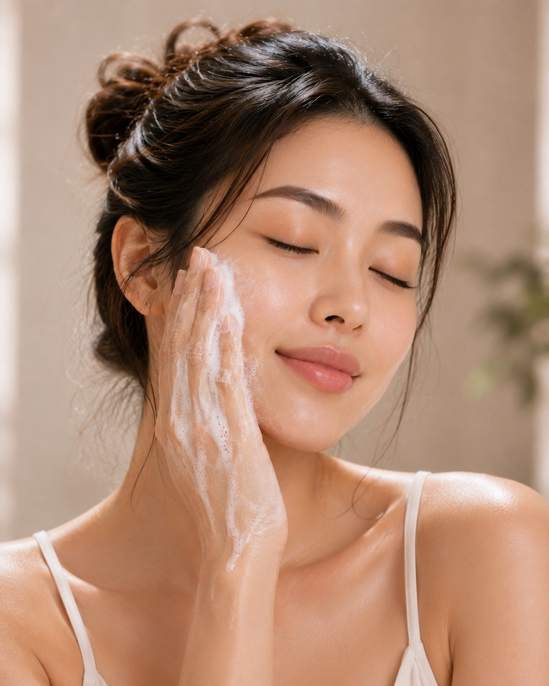 Pravélune™ L'Essence de Grâce Cleansing Ritual
Model enjoying a gentle cleansing ritual with Pravélune™ L'Essence de Grâce Gentle Cleanser, showcasing soft cleansing foam and a healthy, radiant complexion.