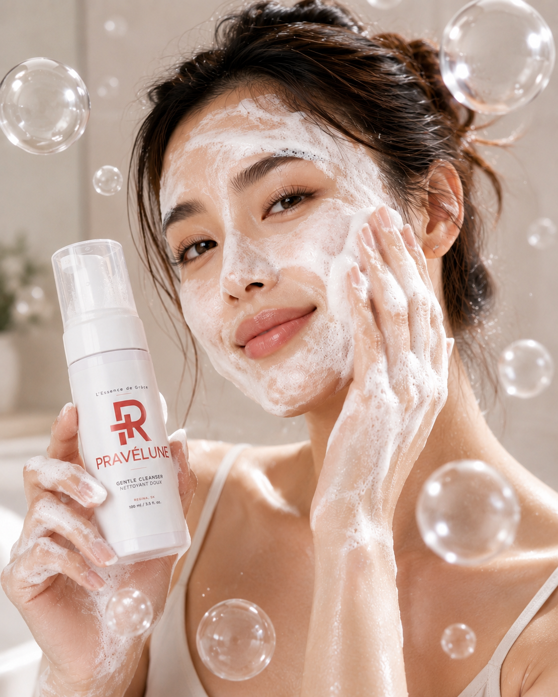 Pravélune™ L'Essence de Grâce Gentle Cleanser Lifestyle
Model applying Pravélune™ L'Essence de Grâce Gentle Cleanser while holding the foaming facial cleanser, demonstrating a gentle daily cleansing routine for soft, refreshed, healthier-looking skin.