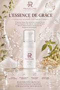 Pravélune L’Essence de Grâce Gentle Cleanser in an elegant botanical flat lay with glass droplets, showcasing a gentle foaming facial cleanser that cleanses without stripping, supports the skin barrier, and leaves skin soft and refreshed.