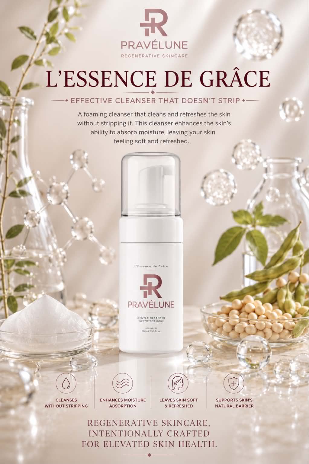 Pravélune L’Essence de Grâce Gentle Cleanser in an elegant botanical flat lay with glass droplets, showcasing a gentle foaming facial cleanser that cleanses without stripping, supports the skin barrier, and leaves skin soft and refreshed.