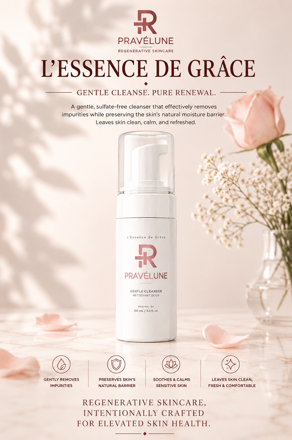 Pravélune™ L'Essence de Grâce Product Benefits
Pravélune™ L'Essence de Grâce Gentle Cleanser promotional banner highlighting gentle cleansing, skin barrier support, sensitive skin comfort, and refreshed, healthier-looking skin.
