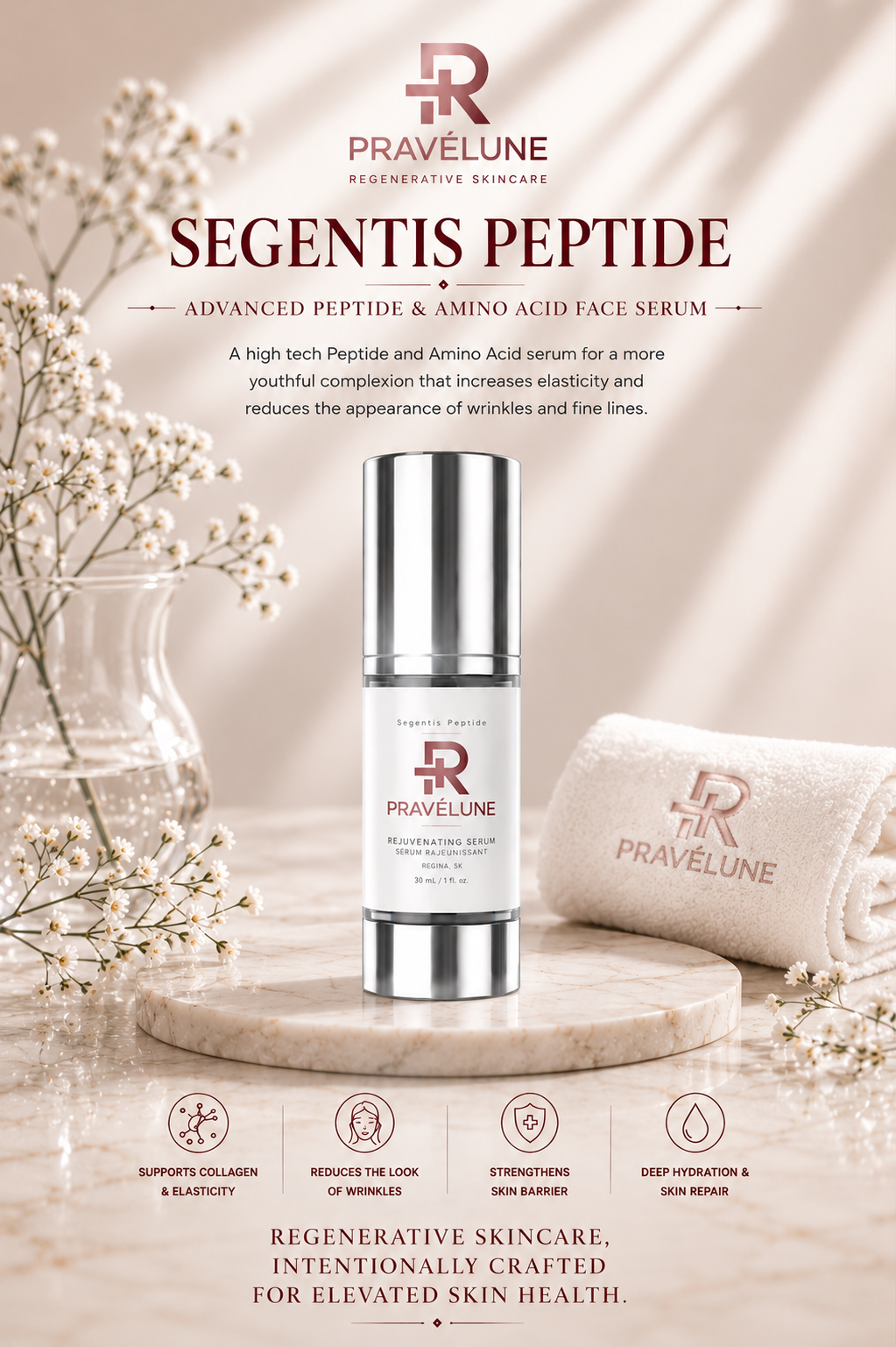 Pravélune™ Segentis Peptide rejuvenating facial serum with peptides and amino acids to support firmer, smoother, healthier-looking skin.