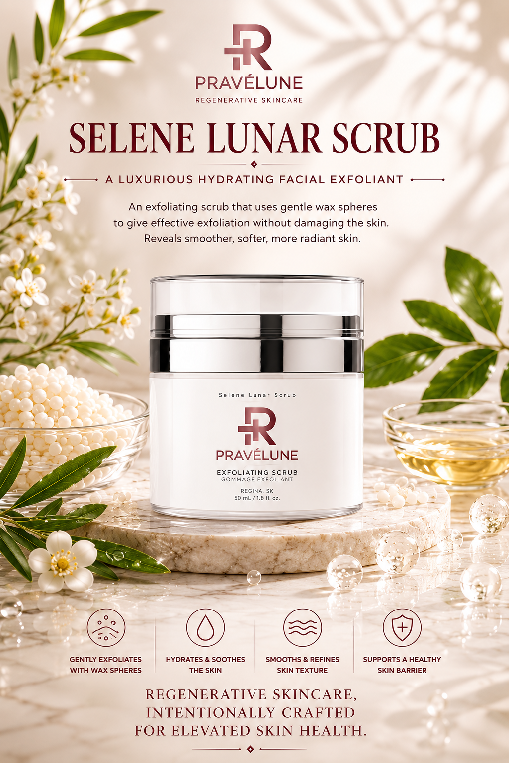 Pravélune™ Selene Lunar Scrub gentle facial exfoliating scrub with biodegradable wax spheres for smoother, healthier-looking skin.