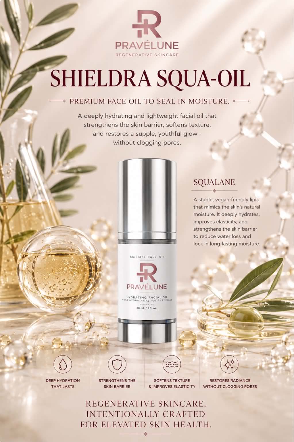 Pravélune™ Shieldra Squa-Oil lightweight facial oil with squalane to nourish the skin and help maintain long-lasting hydration.
