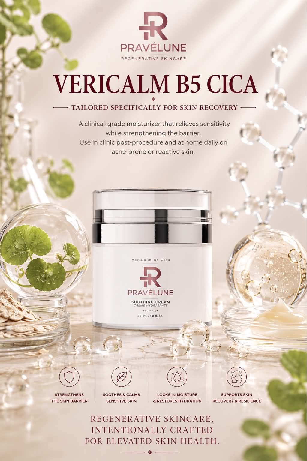 Pravélune™ VeriCalm B5 Cica soothing moisturizer with Centella Asiatica and Provitamin B5 to calm sensitive skin and support barrier recovery.